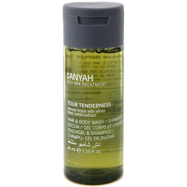 Anyah Hotelkosmetik: - Duschgel & Shampoo 46 ml im Flacon mit weißem Brennnesselextrakt; 216 Stk./Krt.