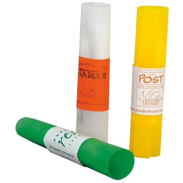 Vanitykit (3 Wattestäbchen und 3 Wattepads) Linie Julia im Röllchen transparent, gelb oder grün Aufdruck 1c