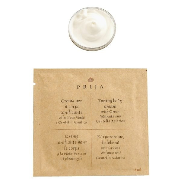 Prija Hotelkosmetik: "Körpercreme" im Sachet á 6 ml mit grüner Walnuss und Centella Asiatica im Karton zu 500 Stück