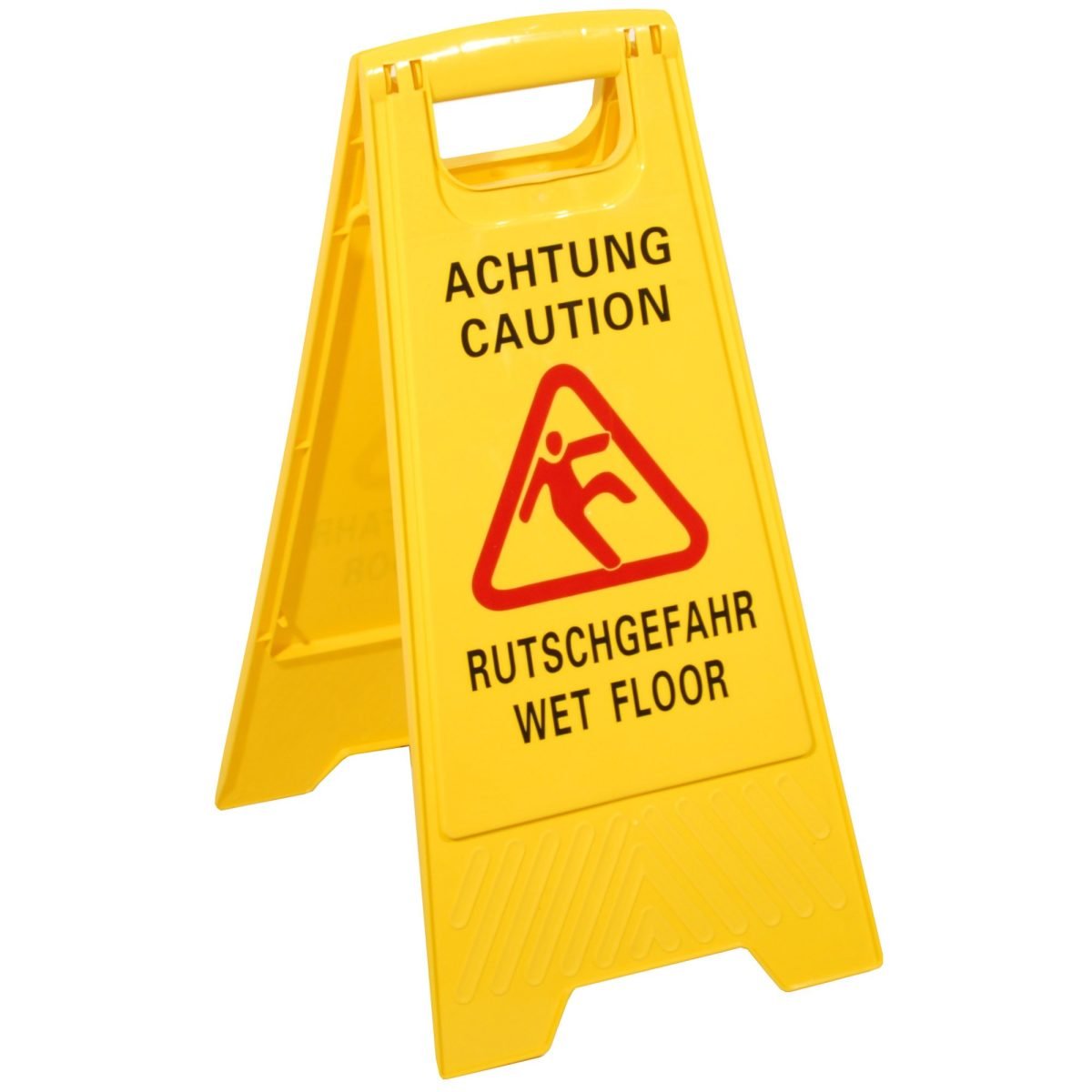 Aufsteller "Rutschgefahr"
Abmessung: 30x40x59 cm
Text: "Achtung Rutschgefahr / Caution Wet Floor"
beidseitig
