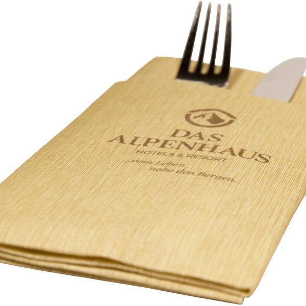 Servietten "The Napkin" als Bestecktasche färbig, 40x40, 1/8 Falz od. Etui-Falz mit 1- bzw. 2färbigem Aufdruck